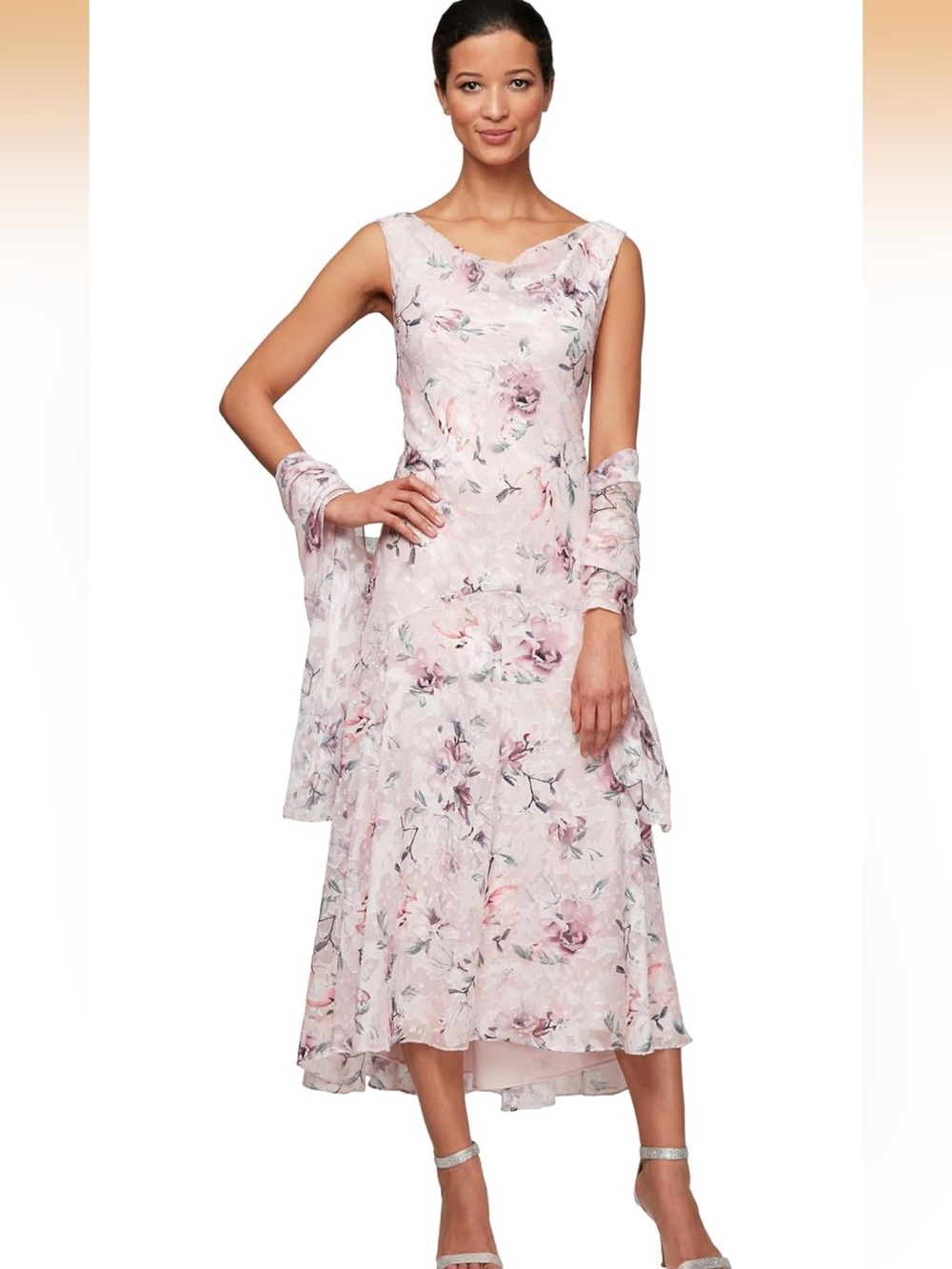 Alex Evenings Blush Pink Floral High-Low Chiffon Dress with Shawl